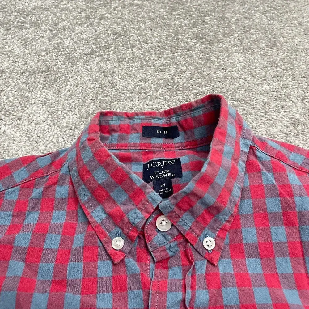 J.Crew Flex Washed Slim Fit Shirt Mens Medium Red Blue Plaid Long Sleeve Casual